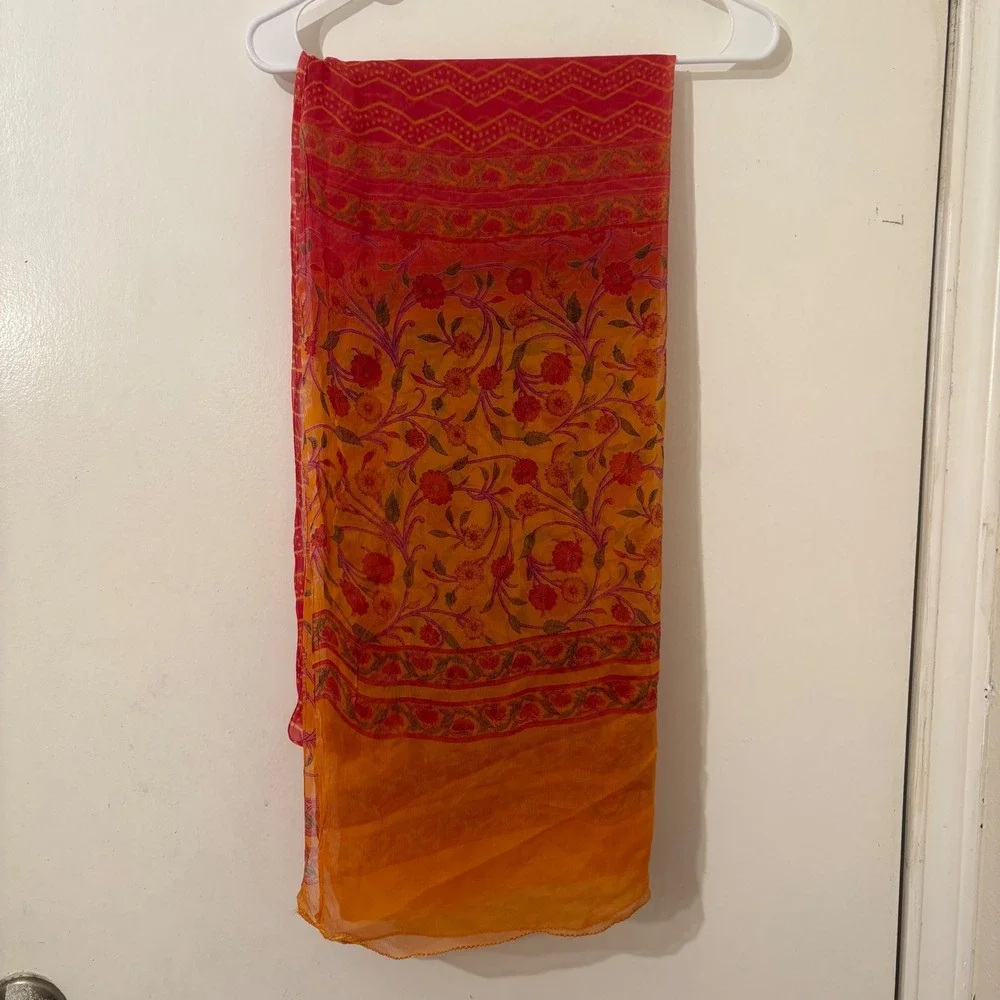 Oversized Floral Silk Chiffon Scarf Orange Red Sheer Wrap Shawl Boho Rustic Fall